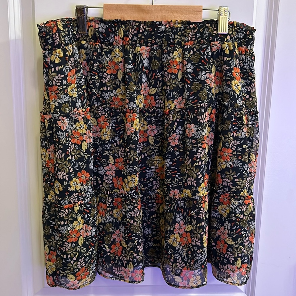 LOFT Black Floral Tiered Skirt - Coral, Pink, Yellow Flowers
